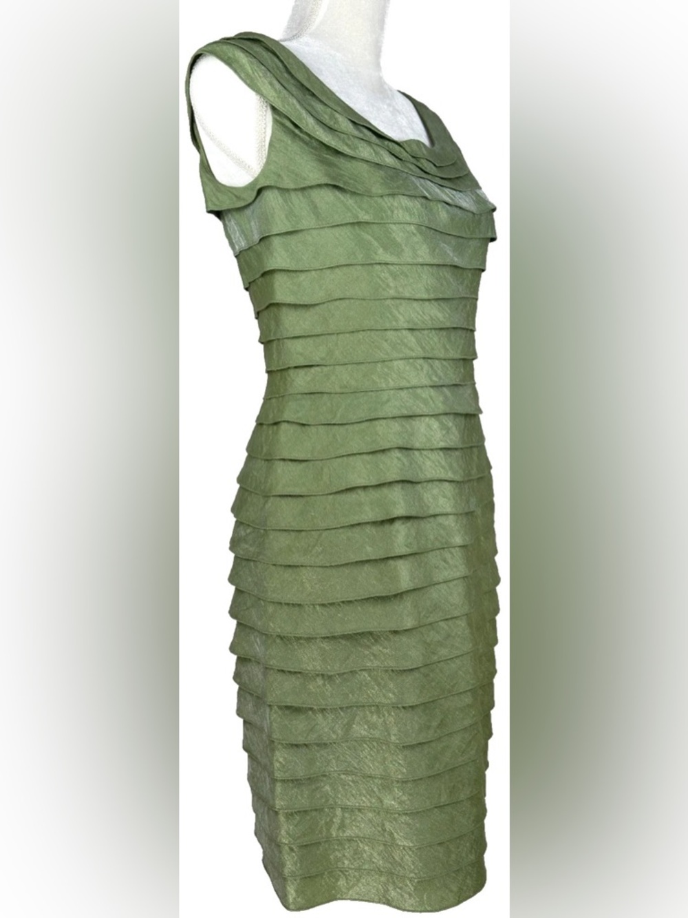 Adrianna Papell Women 8 Sheath Dress Green Shimmer Tiered Ruffle Fairy Coquette